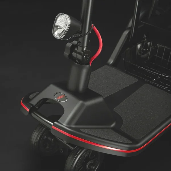Feather Scooter in black with red trim, lightweight at 37 lbs, foldable design for easy transport and compact storage.