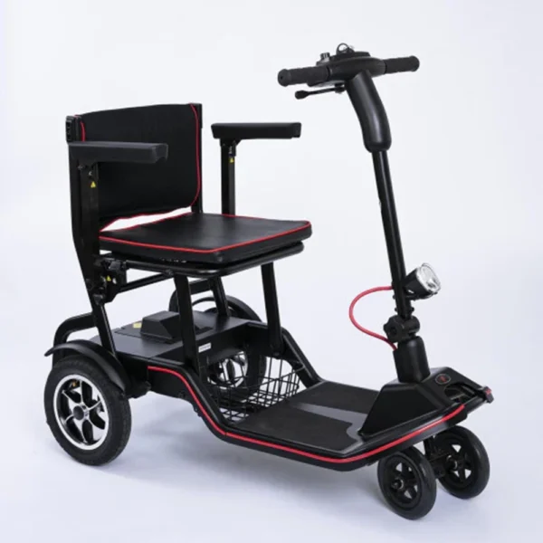 Feather Scooter in black with red trim, lightweight at 37 lbs, foldable design for easy transport and compact storage.