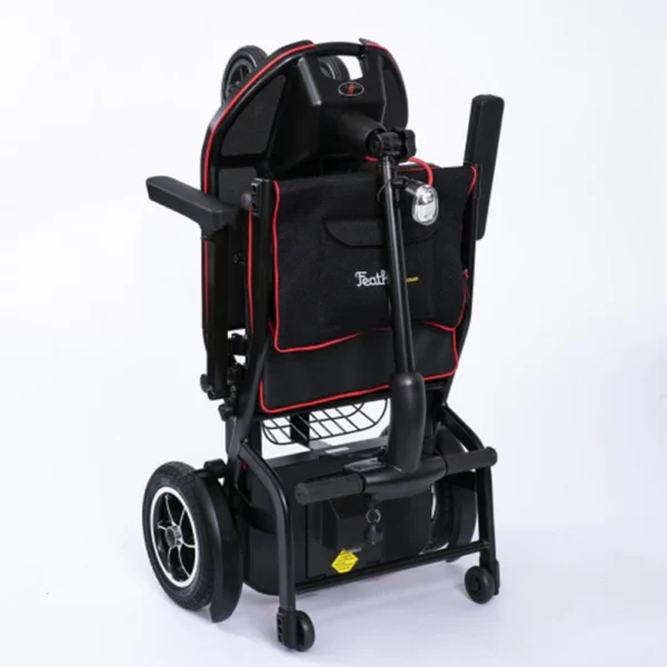 Feather Scooter in black with red trim, lightweight at 37 lbs, foldable design for easy transport and compact storage.