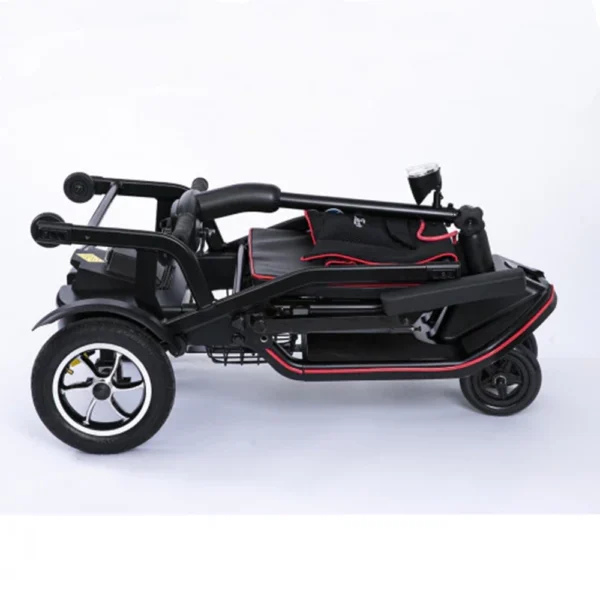 Feather Scooter in black with red trim, lightweight at 37 lbs, foldable design for easy transport and compact storage.