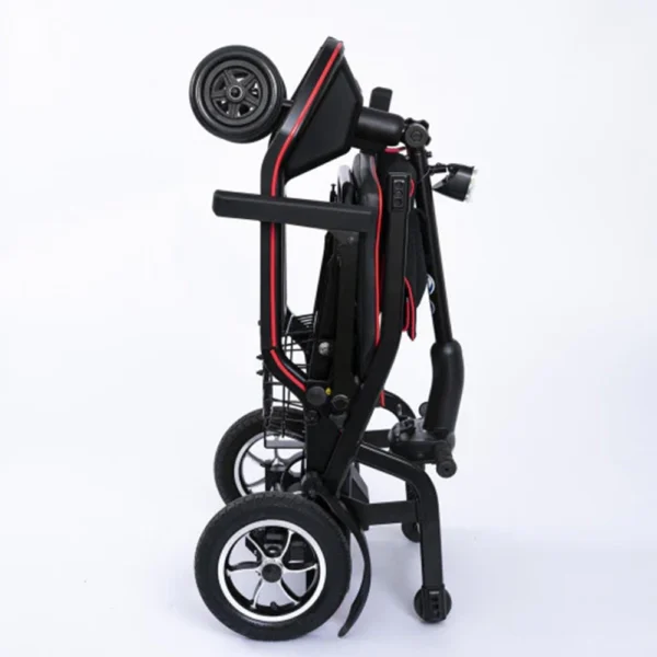 Feather Scooter in black with red trim, lightweight at 37 lbs, foldable design for easy transport and compact storage.