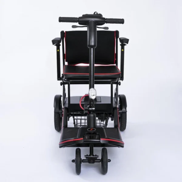 Feather Scooter in black with red trim, lightweight at 37 lbs, foldable design for easy transport and compact storage.