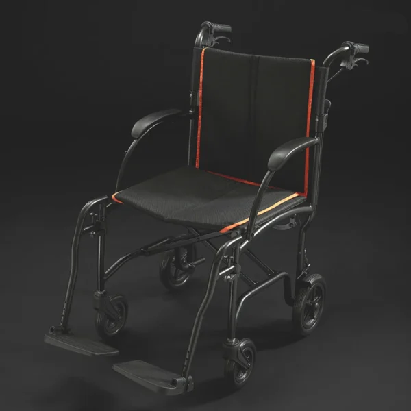 Feather Transport Chair in matte black, ultra-lightweight at 13 lbs, foldable design with padded armrests and flat-free wheels, ideal for indoor and outdoor use.