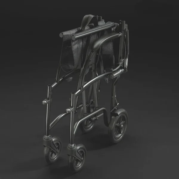 Feather Transport Chair in matte black, ultra-lightweight at 13 lbs, foldable design with padded armrests and flat-free wheels, ideal for indoor and outdoor use.