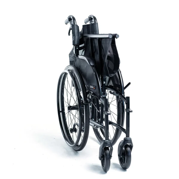 Feather Chair HD lightweight wheelchair in black, with a wide seat and quick-release wheels.
