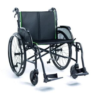 Feather Chair HD lightweight wheelchair in black, with a wide seat and quick-release wheels.
