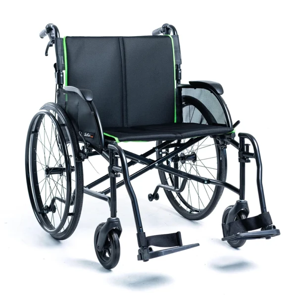 Feather Chair HD lightweight wheelchair in black, with a wide seat and quick-release wheels.