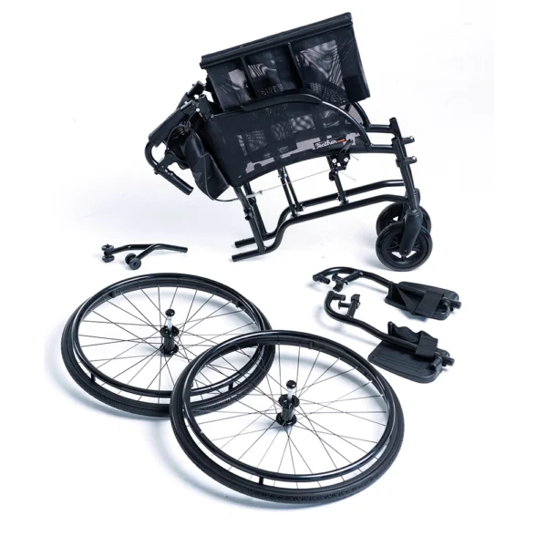 Feather Chair HD lightweight wheelchair in black, with a wide seat and quick-release wheels.