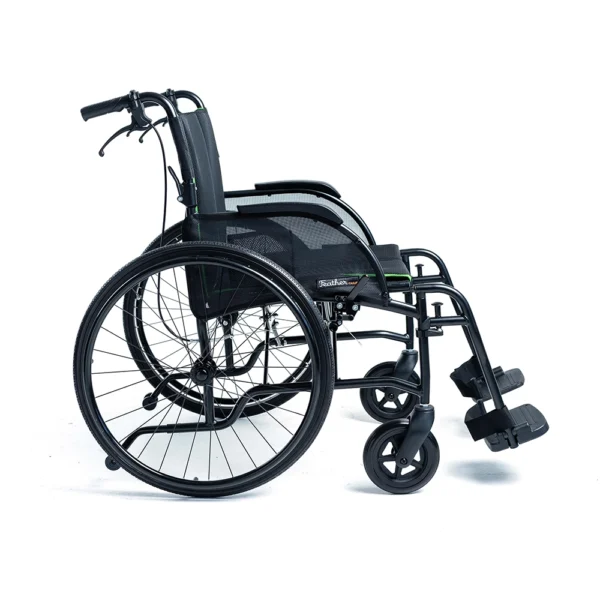 Feather Chair HD lightweight wheelchair in black, with a wide seat and quick-release wheels.