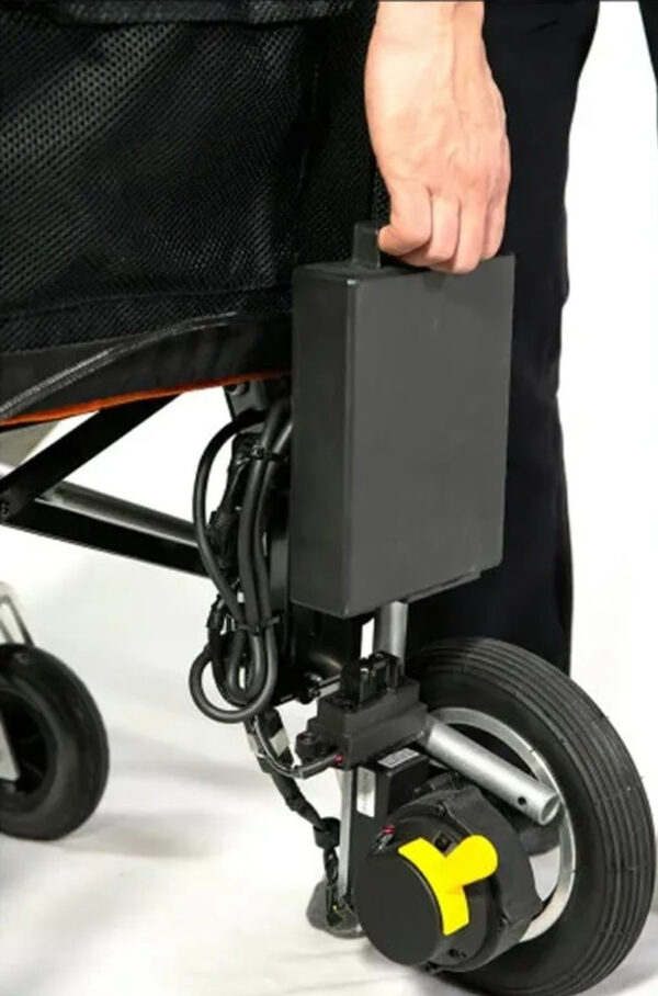Feather Power Wheelchair Battery, lightweight lithium-ion, black casing, 25.2V 10.4Ah, removable and travel-approved for Feather Power Chair.