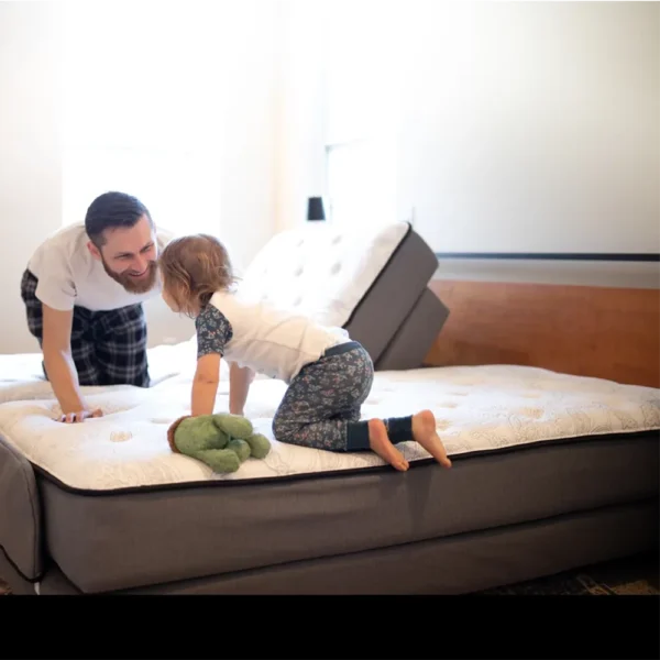 Flex-A-Bed Premier adjustable bed with customizable mattress options, shown with the head and foot sections raised for comfort.