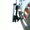 Harmar AL300RV RV Lift mounted on an RV, transporting a scooter with powered lifting and manual fold capabilities.