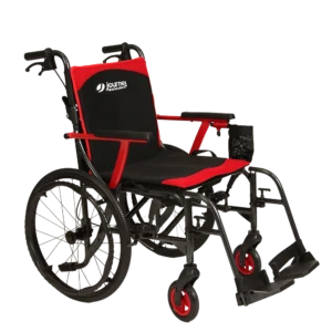 So Lite C2 Ultra Lightweight Wheelchair in black with red trim, showing its foldable magnesium frame and compact design.