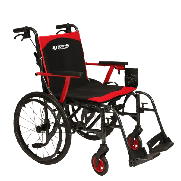 So Lite C2 Ultra Lightweight Wheelchair in black with red trim, showing its foldable magnesium frame and compact design.