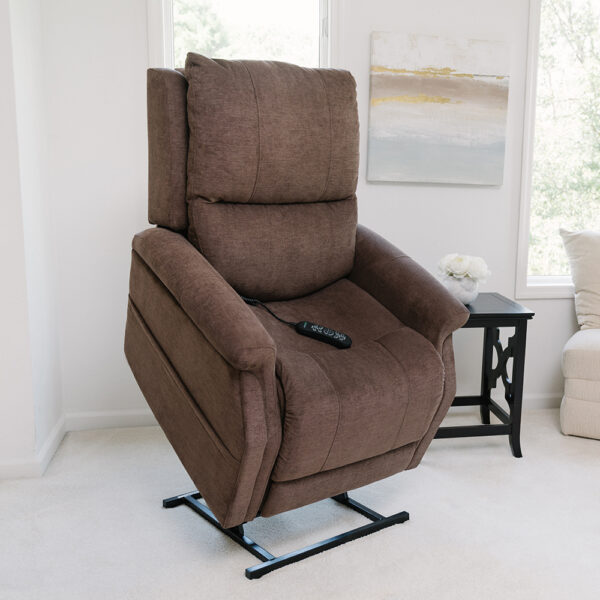 VivaLift! Metro 2 Power Lift Recliner in a sleek modern design with plush cushioning, showcasing its infinite recline position, adjustable headrest, and built-in USB charging port for added convenience.