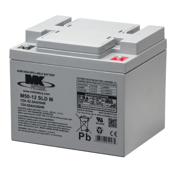 MK 12V 50 AH Sealed Lead Acid Battery with spill-proof design for mobility devices and backup power applications.