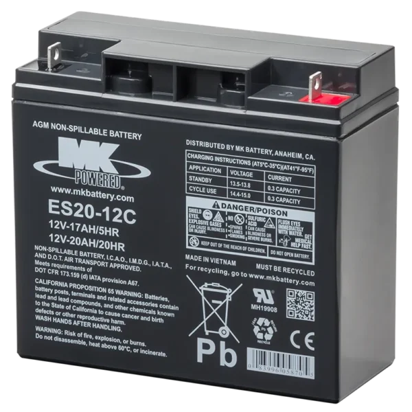 MK 12V 20 AH Sealed Lead Acid Battery designed for mobility devices and backup power solutions, featuring spill-proof AGM technology.