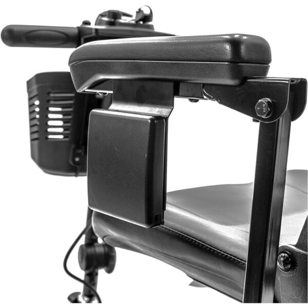 Cup holder attached under the armrest padding of a Pride Mobility scooter, securely holding a beverage for easy access during travel.