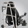 Pride Mobility Walker Holder attached to the rear of a Pride scooter, securely holding a standard walker for hands-free transport.