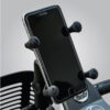 Close-up of RAM X-Grip Cell Phone Holder attached to a Pride scooter, showcasing the secure X-grip design that holds the phone firmly in place.