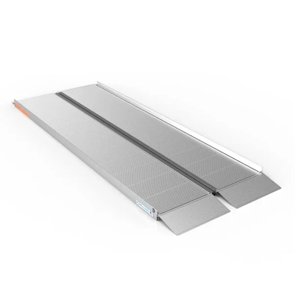 EZ-ACCESS SUITCASE® Singlefold Ramp fully extended, featuring a slip-resistant surface, ergonomic carrying handles, and lightweight aluminum construction, designed for wheelchairs and scooters."