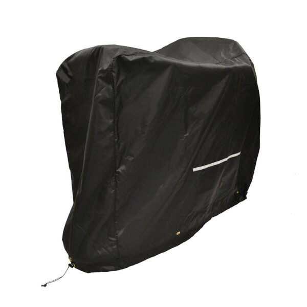 WeatherGuard Scooter Cover for mobility devices, featuring water-resistant material, reflective strip, and secure fit with elastic drawcord and grommets.