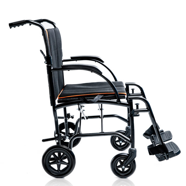 Feather Transport Chair in matte black, ultra-lightweight at 13 lbs, foldable design with padded armrests and flat-free wheels, ideal for indoor and outdoor use.