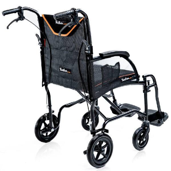 Feather Transport Chair in matte black, ultra-lightweight at 13 lbs, foldable design with padded armrests and flat-free wheels, ideal for indoor and outdoor use.