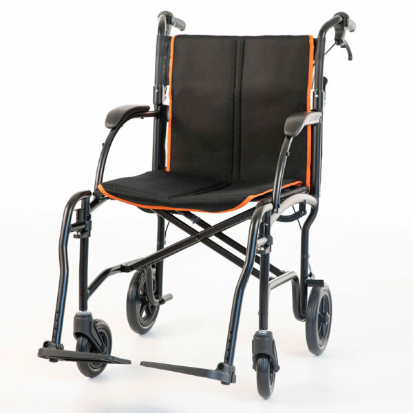 Feather Transport Chair in matte black, ultra-lightweight at 13 lbs, foldable design with padded armrests and flat-free wheels, ideal for indoor and outdoor use.