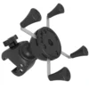 Close-up of Universal X-Grip Phone Mount with secure clamp, showing adjustable X-grip design, durable stainless steel frame, and rubber-coated tips for stability.