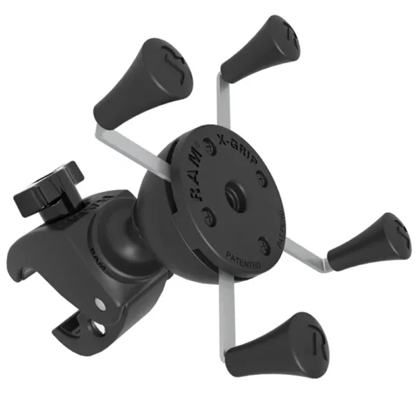 Close-up of Universal X-Grip Phone Mount with secure clamp, showing adjustable X-grip design, durable stainless steel frame, and rubber-coated tips for stability.