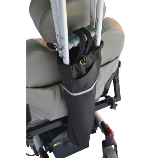 Crutch holder designed for scooters and powerchairs, fits seatbacks of various heights, includes reflective strip for visibility.