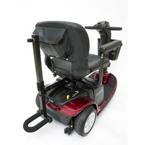 Pride Quad Cane Holder attached to the back of a Pride Mobility scooter, securely holding a quad cane for convenient and hands-free access.