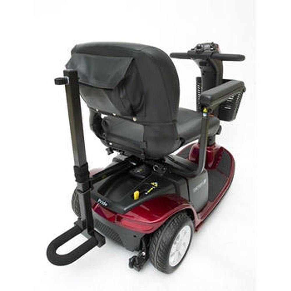 Pride Quad Cane Holder attached to the back of a Pride Mobility scooter, securely holding a quad cane for convenient and hands-free access.