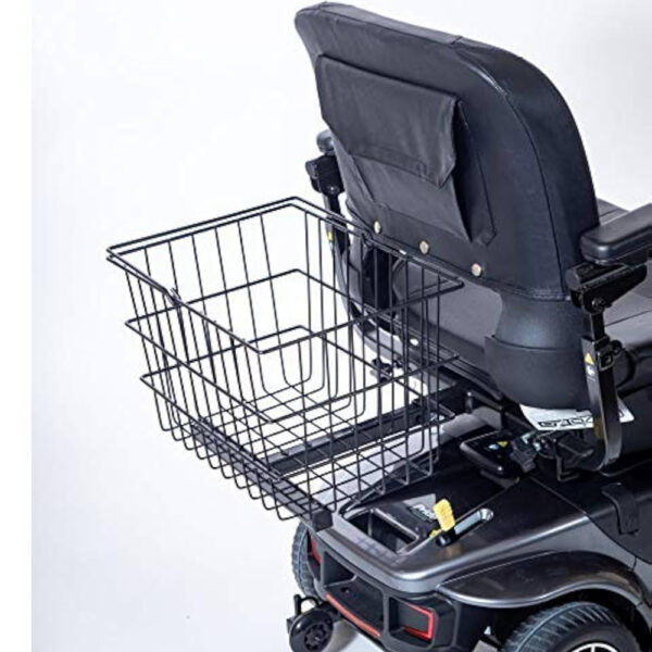 Rear basket for Pride Mobility scooters, designed for groceries and everyday storage, compatible with multiple Pride models.