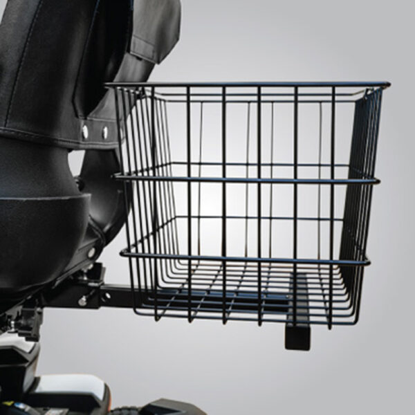 Rear basket for Pride Mobility scooters, designed for groceries and everyday storage, compatible with multiple Pride models.