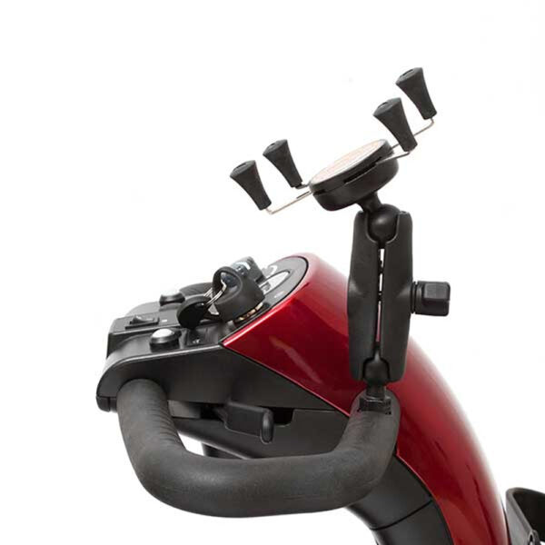 Close-up of RAM X-Grip Cell Phone Holder attached to a Pride scooter, showcasing the secure X-grip design that holds the phone firmly in place.