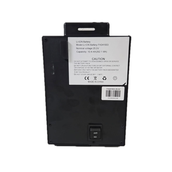 Feather Power Wheelchair Battery, lightweight lithium-ion, black casing, 25.2V 10.4Ah, removable and travel-approved for Feather Power Chair.