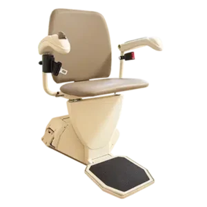 Harmar Pinnacle SL600 Stair Lift installed on a staircase, showcasing its compact folded profile and smooth operation.