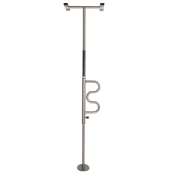 Security Pole & Curve Grab Bar in a home setting, featuring an ergonomic curved grab bar and a tension-mounted, space-saving design.