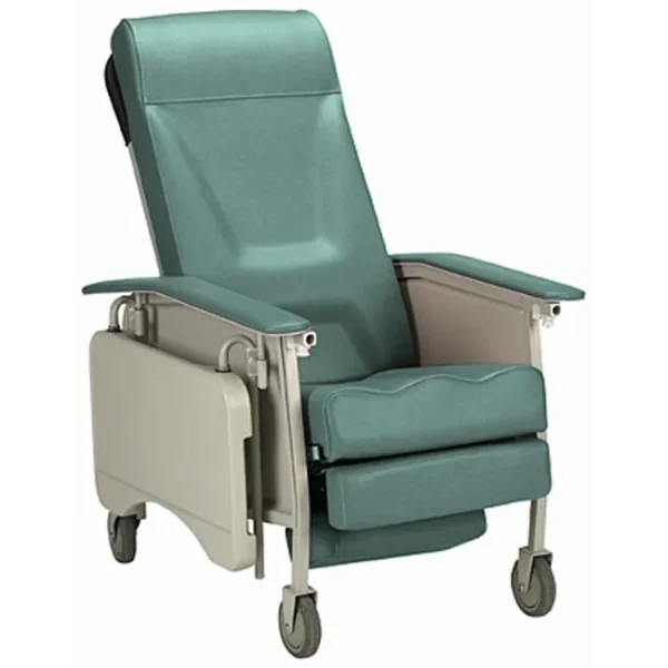 Invacare Deluxe Three-Position Recliner with ergonomic design, lumbar support, articulating headrest, and a fold-away tray, shown in a comfortable reclined position.