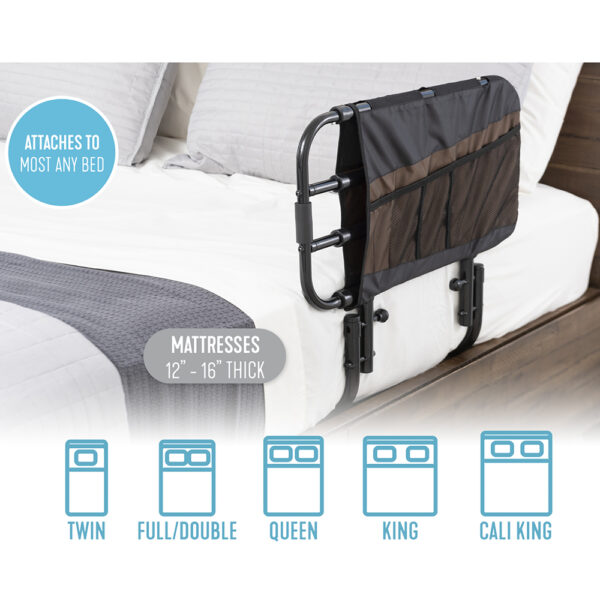 Stander EZ Adjust Bed Rail extended on a bed, showing adjustable length and pivot feature for safe, convenient transfers.