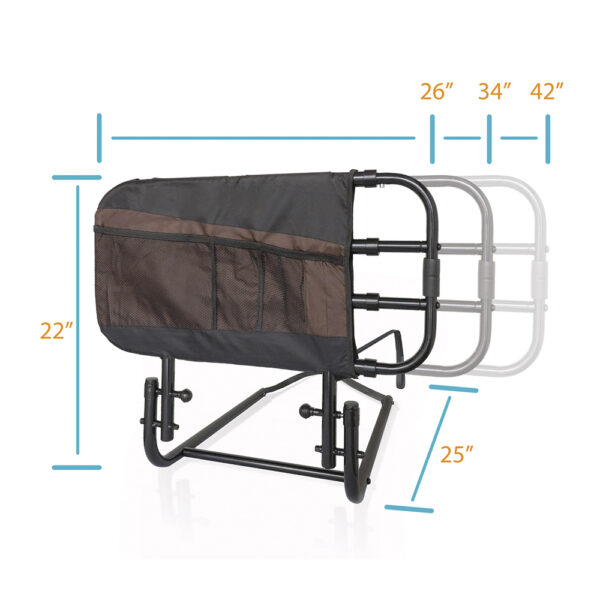 Stander EZ Adjust Bed Rail extended on a bed, showing adjustable length and pivot feature for safe, convenient transfers.