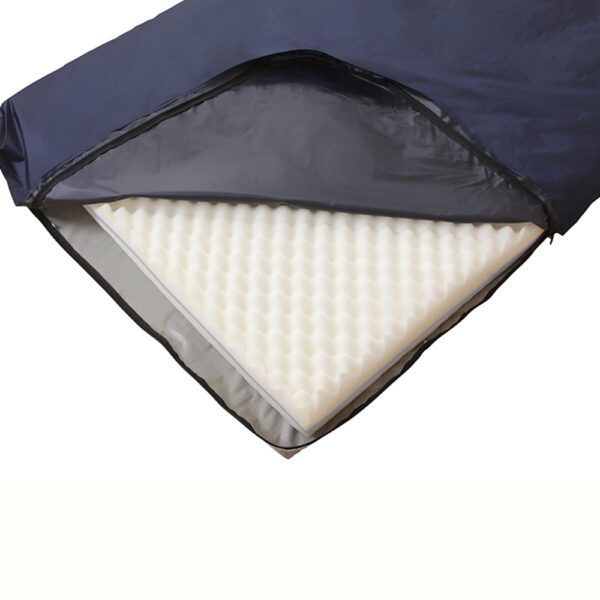 Protekt Gel Overlay with horizontal gel bladders, foam layers, and durable nylon top cover, designed for pressure redistribution and ulcer prevention.