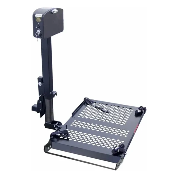 Harmar AL050 Micro Power Chair Lift mounted on a vehicle, showing compact powered lifting and manual fold-away for small powerchairs and wheelchairs.