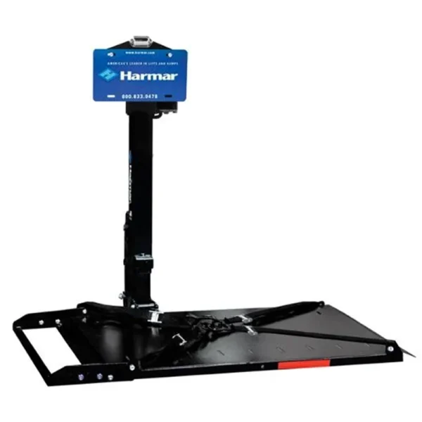 Harmar AL050 Micro Power Chair Lift mounted on a vehicle, showing compact powered lifting and manual fold-away for small powerchairs and wheelchairs.
