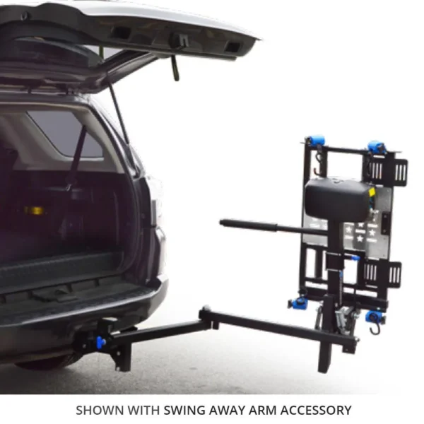 Harmar AL580-HDX Heavy-Duty Power Chair Lift, mounted on a truck hitch, with 450 lbs capacity for safe transport.