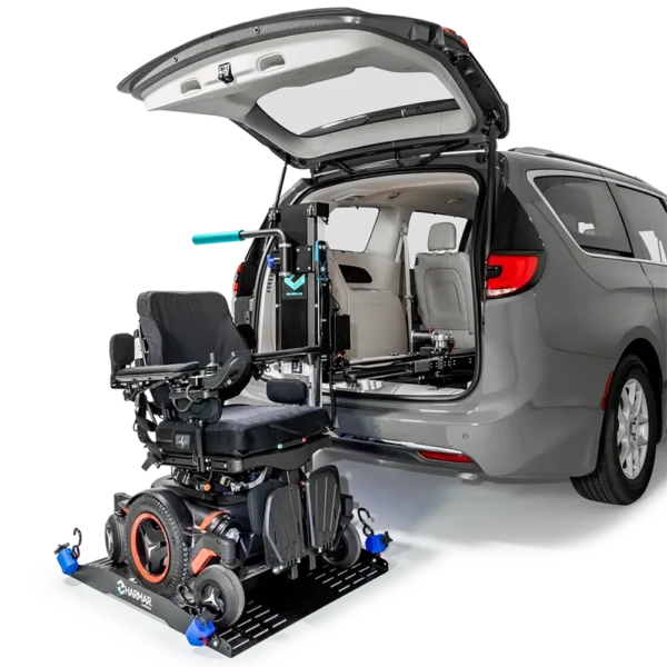 Compact Harmar AL6000 Inside Platform Lift installed in SUV, providing secure transport for powerchairs and scooters.