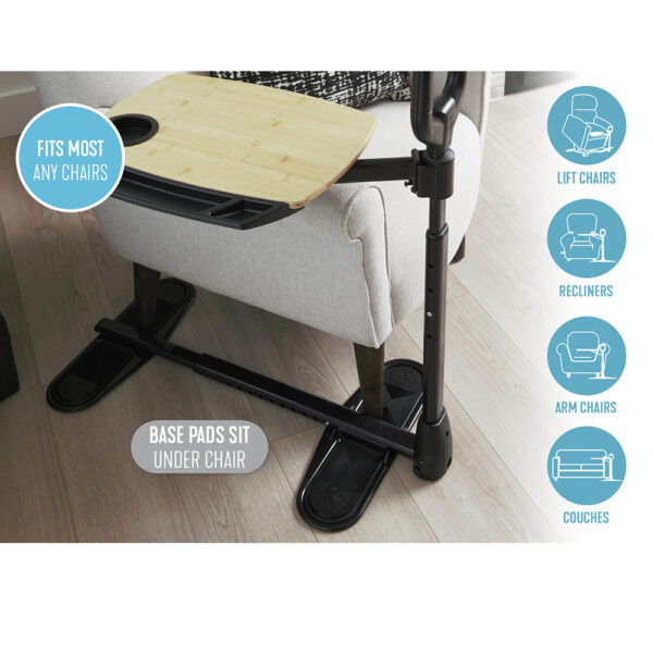 Stander Assist-A-Tray with a swiveling tray and support handle, shown next to a chair for convenient access.