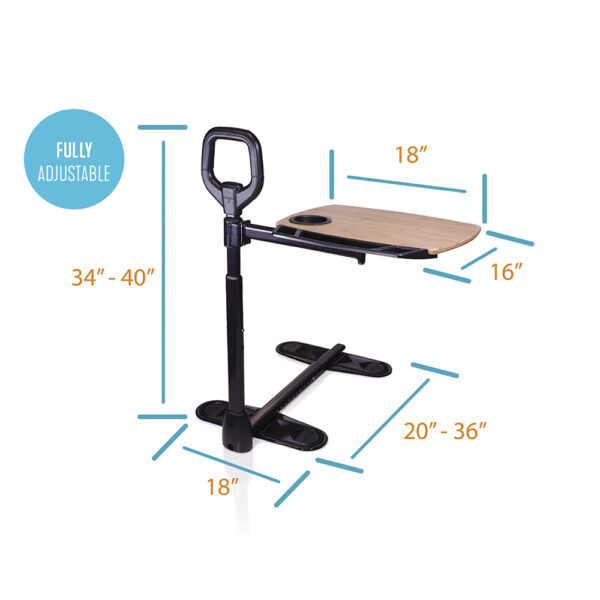 Stander Assist-A-Tray with a swiveling tray and support handle, shown next to a chair for convenient access.